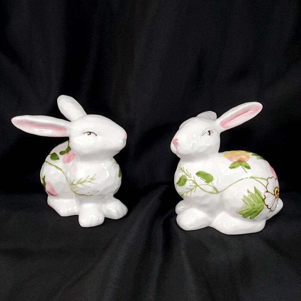 Ceramic Easter Bunny Rabbit Figurines Spring‎ Floral Design Decor Set Of 2